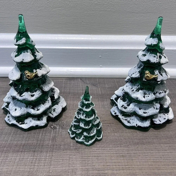 Fenton Other - Fenton Art Glass Christmas Tree Figurine Green Frosted Gold Bird Set Of 3 VTG